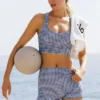 3" Airlift Gingham – eleganckie High-Waist szorty – granatowa kratka