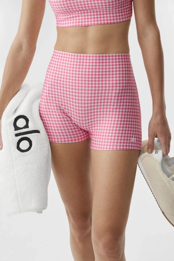 3" Airlift High-Waist Gingham – eleganckie szorty z wysokim stanem – w kratkę w kolorze Paradise Pink