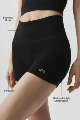 4″ Bezszwowe szorty z modalu z prążkowanym wykończeniem i High-Waist – czarne