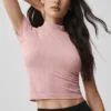Bezszwowa bluzka w stylu szortów z krótkim rękawem i stójką z dzianiny typu pointelle – Vintage Pink