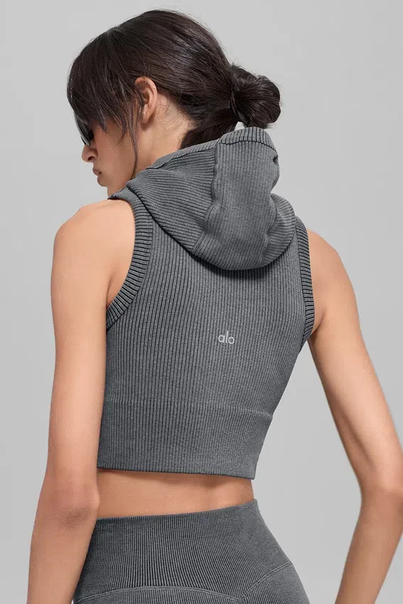 Bezszwowa dwukolorowa kamizelka z kapturem z dzianiny prążkowanej – Dark Misty Grey Heather