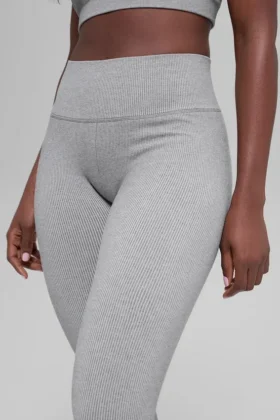 Bezszwowe High-Waist legginsy z dwukolorowego materiału prążkowanego – jasnoszary melanż
