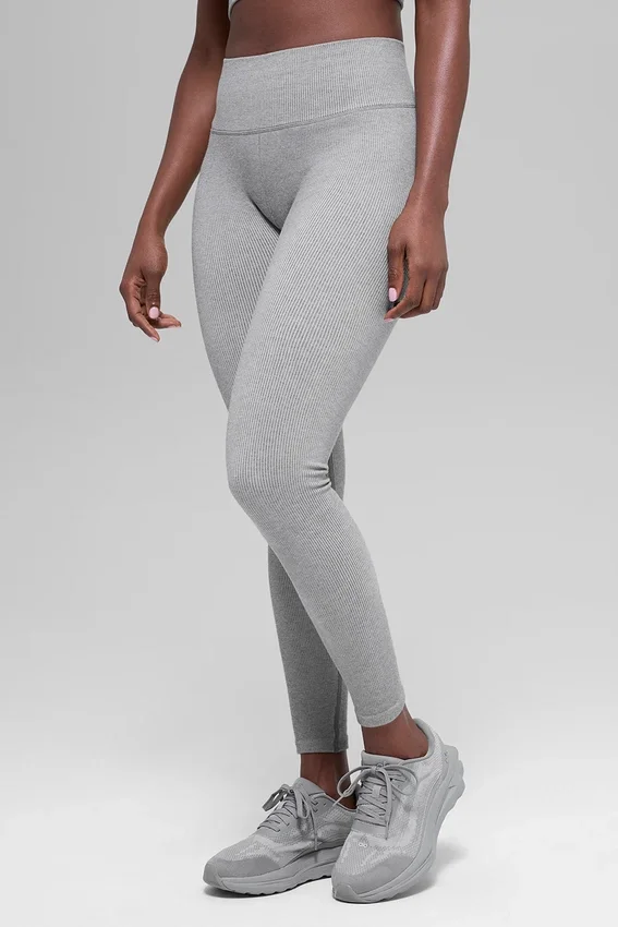 Bezszwowe High-Waist legginsy z dwukolorowego materiału prążkowanego – jasnoszary melanż
