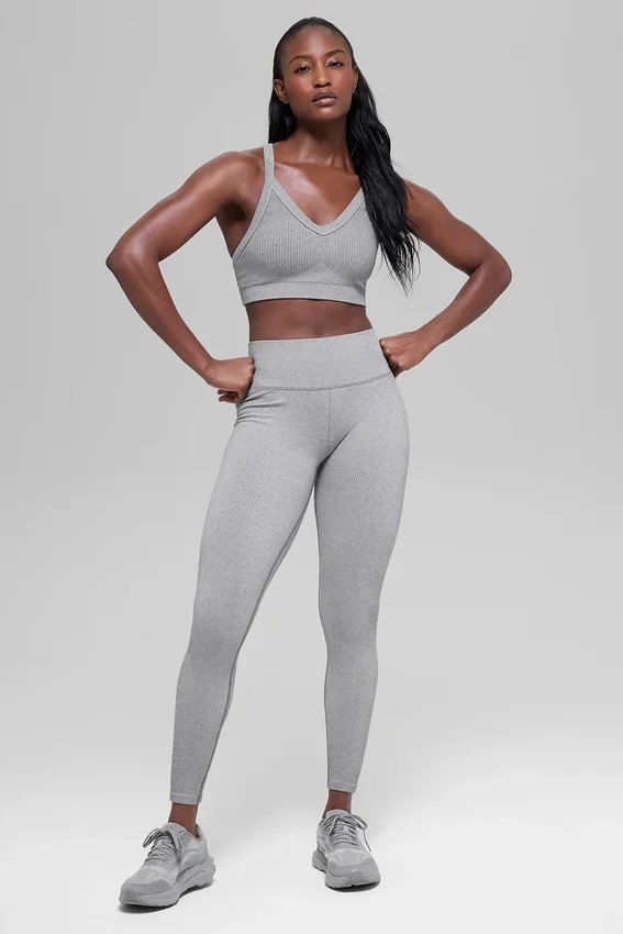 Bezszwowe High-Waist legginsy z dwukolorowego materiału prążkowanego – jasnoszary melanż
