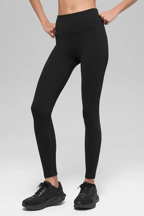 Bezszwowe High-Waist legginsy z dwukolorowym prążkiem – czarne