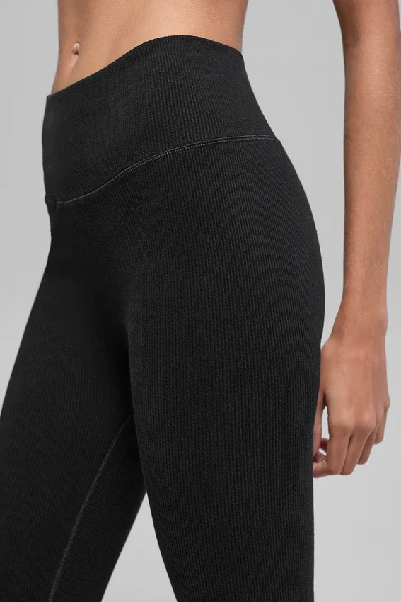 Bezszwowe High-Waist legginsy z dwukolorowym prążkiem – czarne