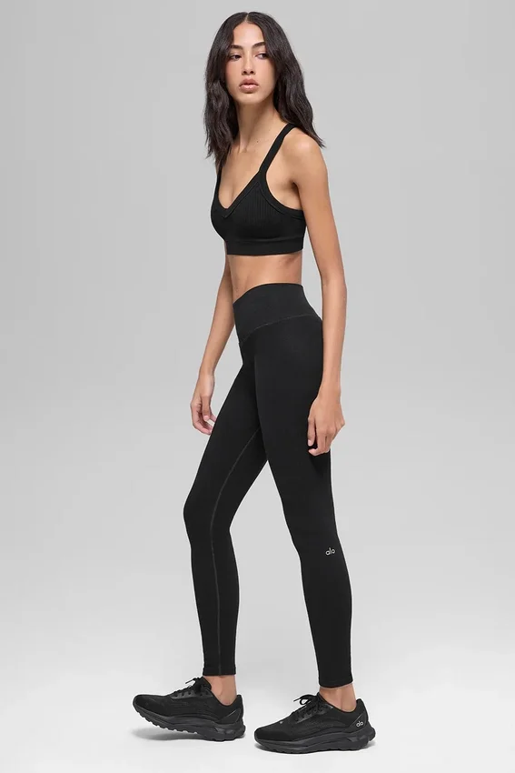 Bezszwowe High-Waist legginsy z dwukolorowym prążkiem – czarne