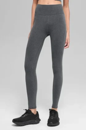 Bezszwowe High-Waist legginsy z prążkowanej dzianiny w dwóch odcieniach – ciemnoszary melanż