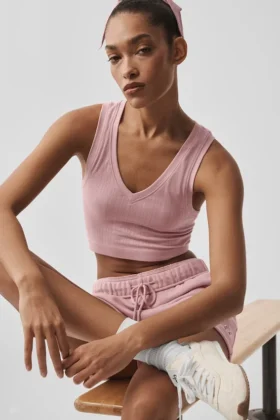 Bezszwowy top na ramiączkach z dzianiny typu pointelle – Vintage Pink