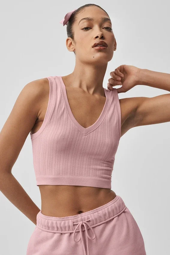 Bezszwowy top na ramiączkach z dzianiny typu pointelle – Vintage Pink