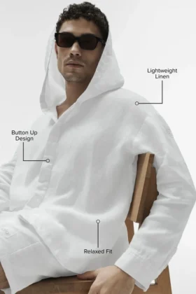 Bluza z kapturem Linen Days zapinana na guziki – biała