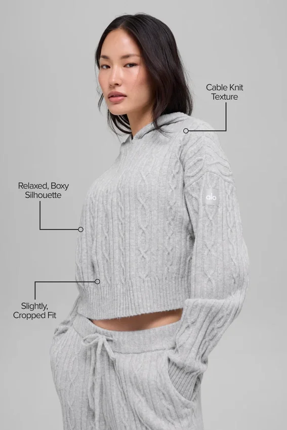 Bluza z kapturem „Winter Bliss” z dzianiny warkoczowej – szary melanż