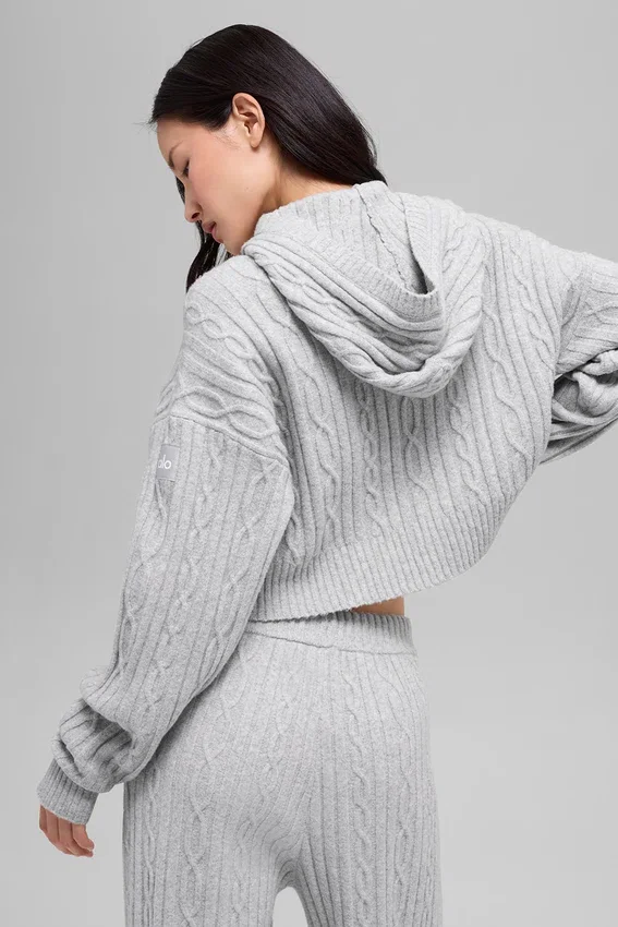 Bluza z kapturem „Winter Bliss” z dzianiny warkoczowej – szary melanż