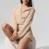 Bluza z kapturem z kaszmiru o fakturze waflowej z pełnym zamkiem – Macadamia Blush