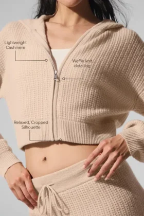 Bluza z kapturem z kaszmiru o fakturze waflowej z pełnym zamkiem – Macadamia Blush