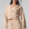 Bluza z kapturem z kaszmiru o fakturze waflowej z pełnym zamkiem – Macadamia Blush