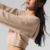 Bluza z kapturem z kaszmiru o fakturze waflowej z pełnym zamkiem – Macadamia Blush
