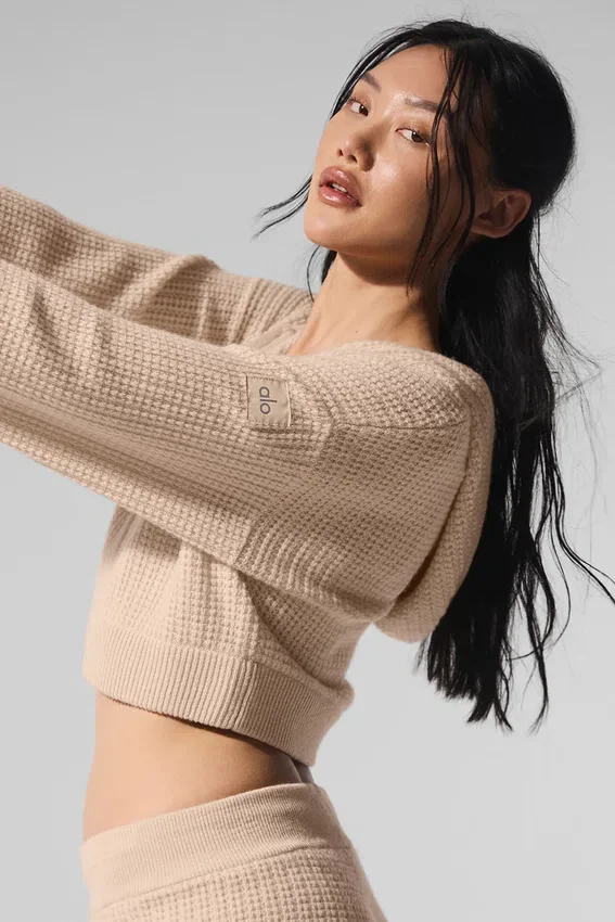 Bluza z kapturem z kaszmiru o fakturze waflowej z pełnym zamkiem – Macadamia Blush