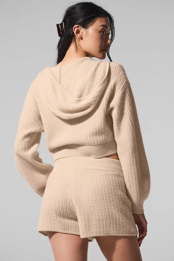 Bluza z kapturem z kaszmiru o fakturze waflowej z pełnym zamkiem – Macadamia Blush