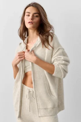 Bluza z kapturem z serii New Class z wełny i kaszmiru, zapinana na zamek – kolor owsiany melanż