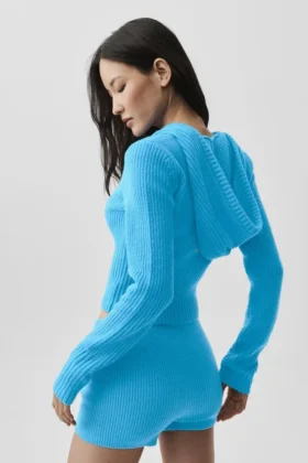 Bluza z kapturem z wełny i kaszmiru z prążkowanymi wstawkami i zamkiem na całej długości – Noble – Azure Blue