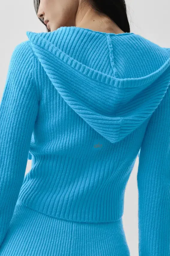 Bluza z kapturem z wełny i kaszmiru z prążkowanymi wstawkami i zamkiem na całej długości – Noble – Azure Blue