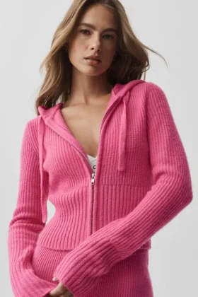 Bluza z kapturem z wełny i kaszmiru z prążkowanymi wstawkami i zamkiem na całej długości – Paradise Pink