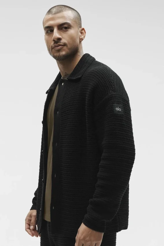 Bluzka z długim rękawem i guzikami z dzianiny Shift Knit – Czarna