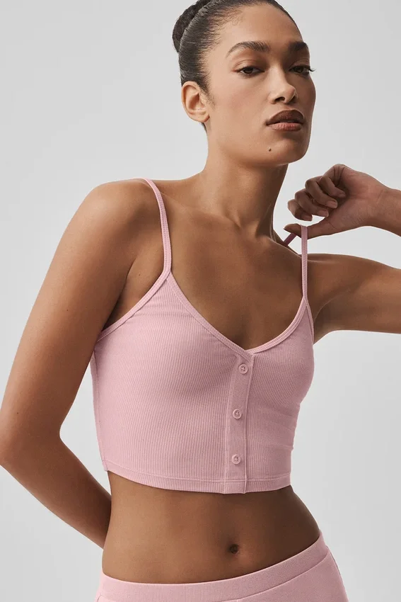 Delikatny top na ramiączkach z prążkowanej dzianiny – różowy w stylu vintage
