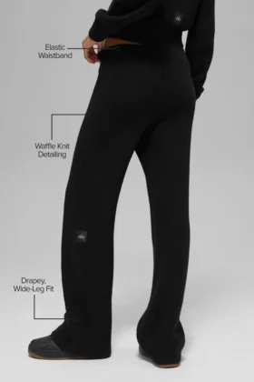 High-Waist kaszmirowe spodnie z miękką dzianiną waflową – czarne