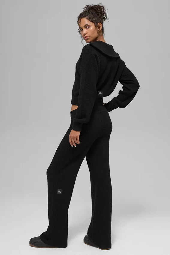 High-Waist kaszmirowe spodnie z miękką dzianiną waflową – czarne