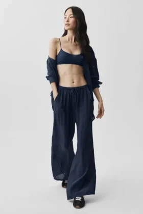 High-Waist spodnie z prostymi nogawkami z kolekcji „Golden Hour” – granatowe