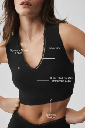 Koszulka bez rękawów z biustonoszem Alosoft Affection z dekoltem w serek – Black