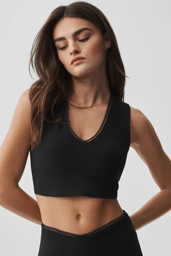 Koszulka bez rękawów z biustonoszem Alosoft Affection z dekoltem w serek – Black