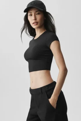 Koszulka z krótkim rękawem Alosoft Crop Finesse – czarna