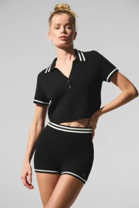 Krótka koszulka polo Tennis Club Sweater Knit – czarna/kość słoniowa