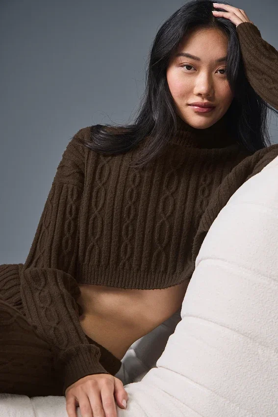 Krótki sweter z golfem „Winter Bliss” z dzianiny warkoczowej z długim rękawem – Espresso