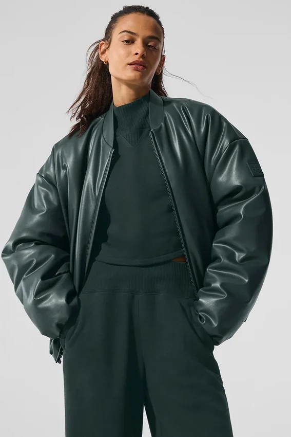 Kurtka bomberka Premier ze sztucznej skóry – Charcoal Green