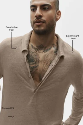Lniany swetr z długim rękawem typu jersey w stylu nadmorskim – kolor Gravel