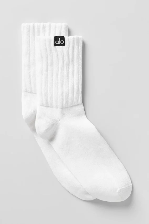 Skarpety unisex z marszczonym wykończeniem, półdługie – White