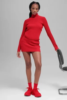 Spódnica z dzianiny dżinsowej High-Waist – jasnoczerwona
