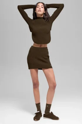 Spódnica z dzianiny dżinsowej High-Waist – kolor espresso/czarny
