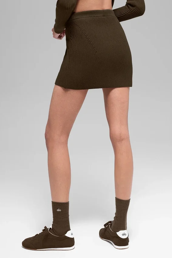 Spódnica z dzianiny dżinsowej High-Waist – kolor espresso/czarny