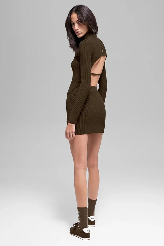 Spódnica z dzianiny dżinsowej High-Waist – kolor espresso/czarny