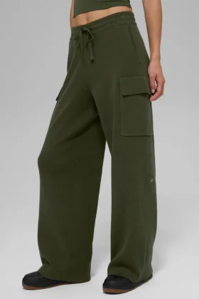 Spodnie cargo Scholar z dzianiny z High-Waist – zielono-oliwkowe