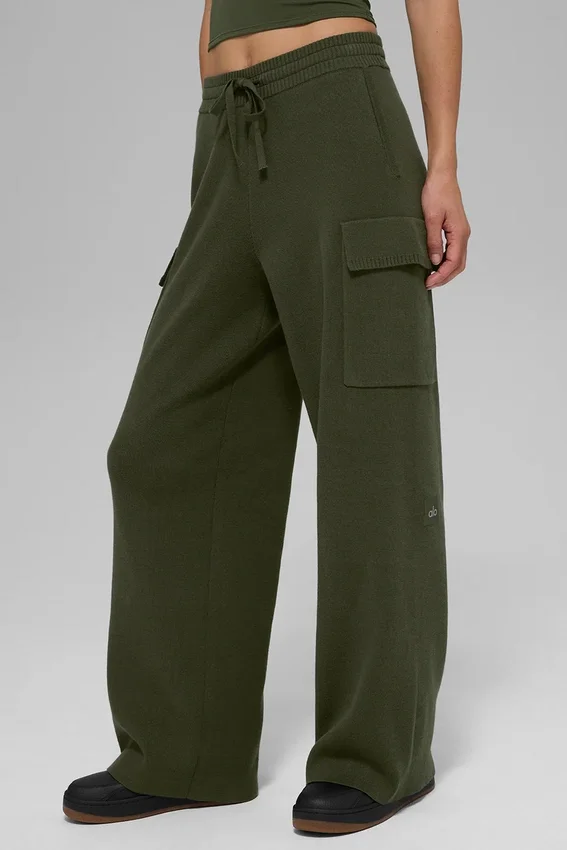 Spodnie cargo Scholar z dzianiny z High-Waist – zielono-oliwkowe