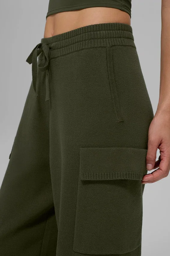 Spodnie cargo Scholar z dzianiny z High-Waist – zielono-oliwkowe