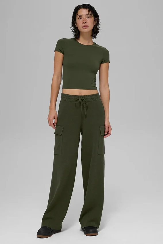 Spodnie cargo Scholar z dzianiny z High-Waist – zielono-oliwkowe