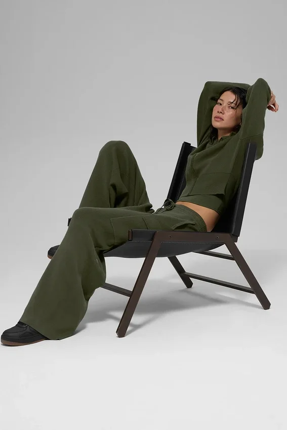 Spodnie cargo Scholar z dzianiny z High-Waist – zielono-oliwkowe