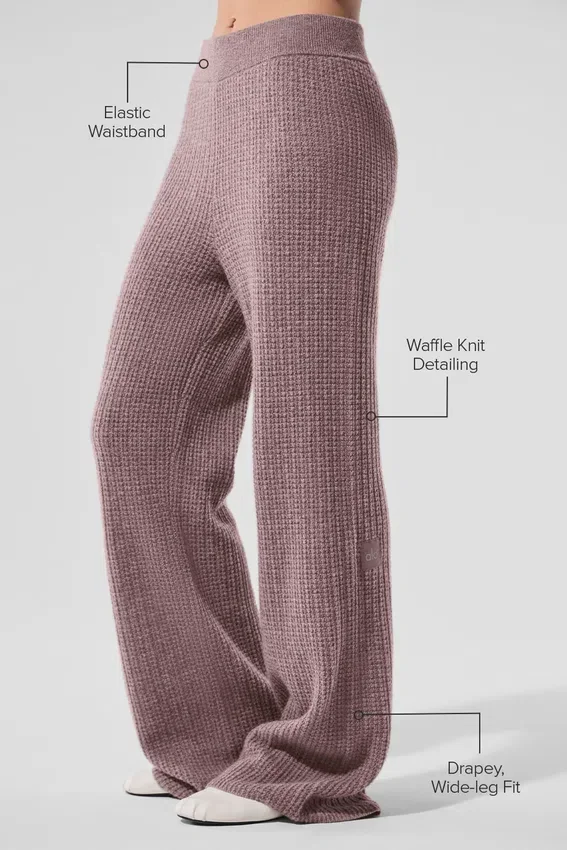 Spodnie z kaszmiru High-Waist o puszystej fakturze waflowej – grzybowy melanż
